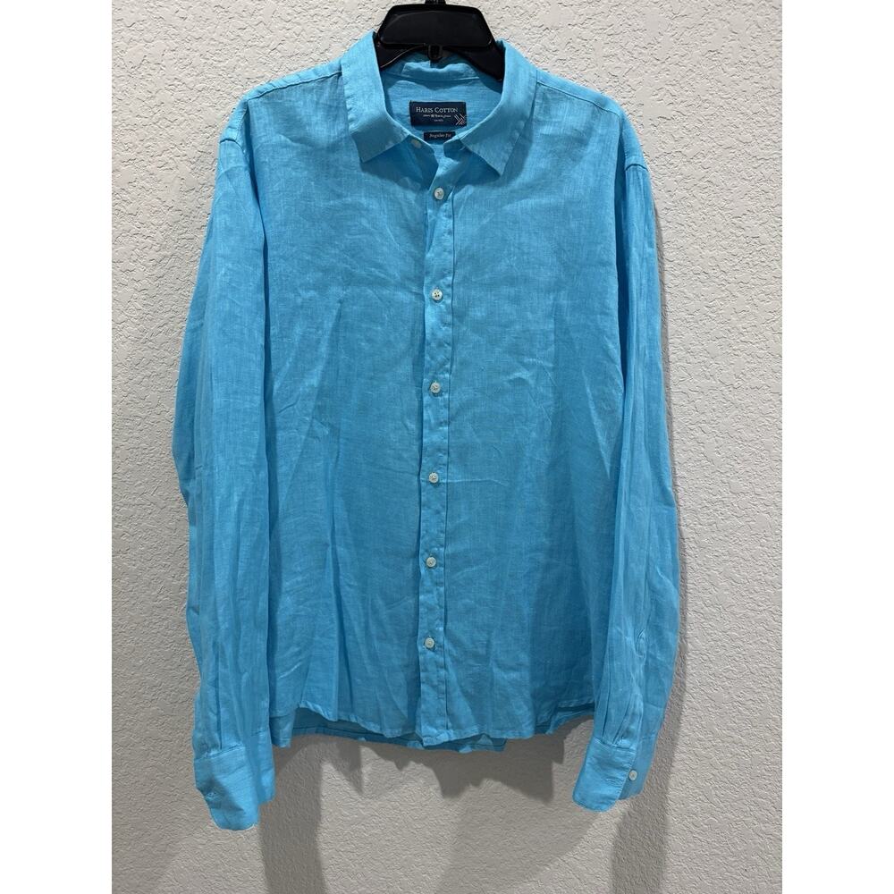 Haris Cotton Women’s L Linen Shirt Blue Long Sleeve Button Front Regular Fit